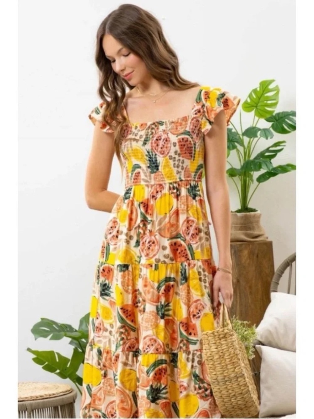 By The River Tropical Fruit Midi Smocked Cottage Core Boho Sleeveless Dress Sz L